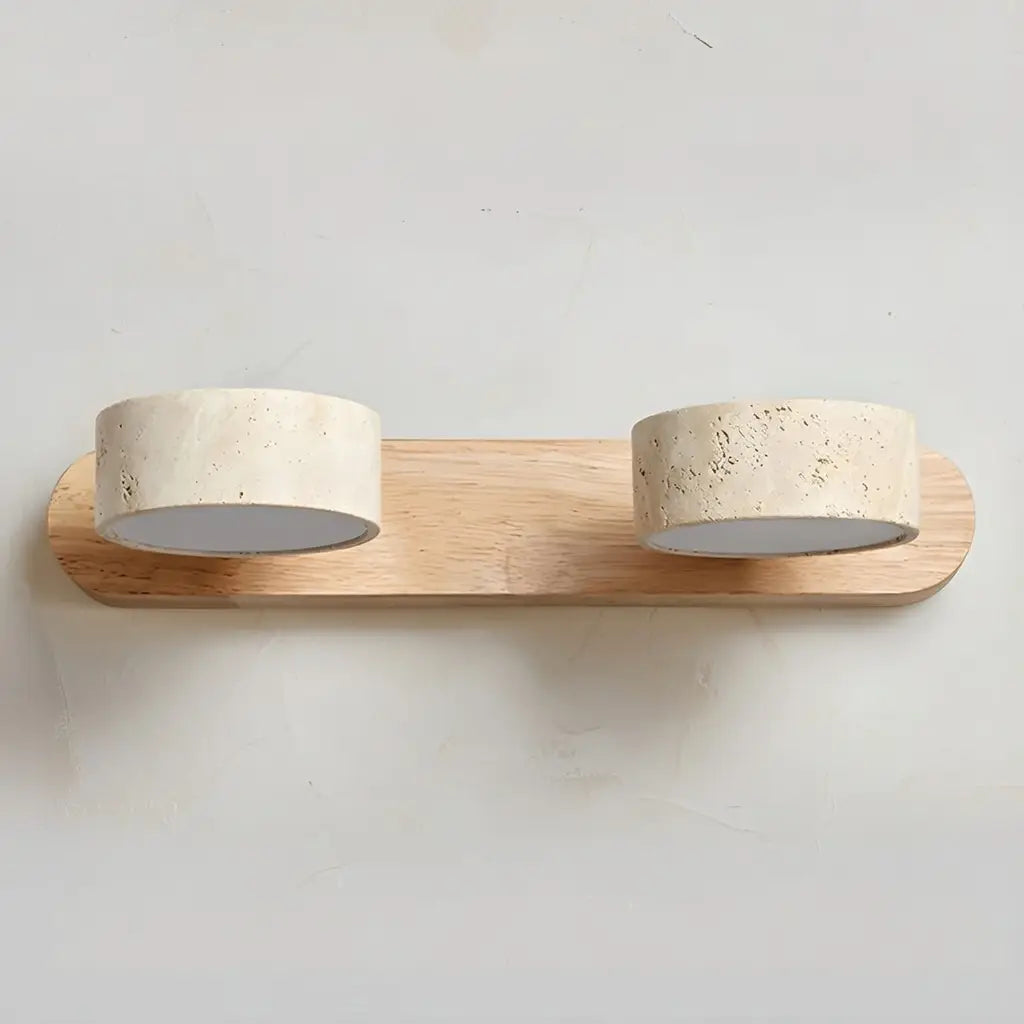 LED Bathroom Vanity Light Fixtures with Adjustable Travertine Spotlights and Natural Wood Backplate