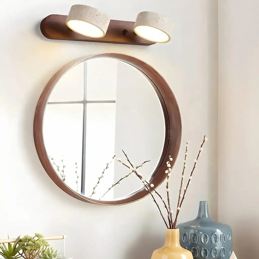 LED Bathroom Vanity Light Fixtures with Adjustable Travertine Spotlights and Natural Wood Backplate