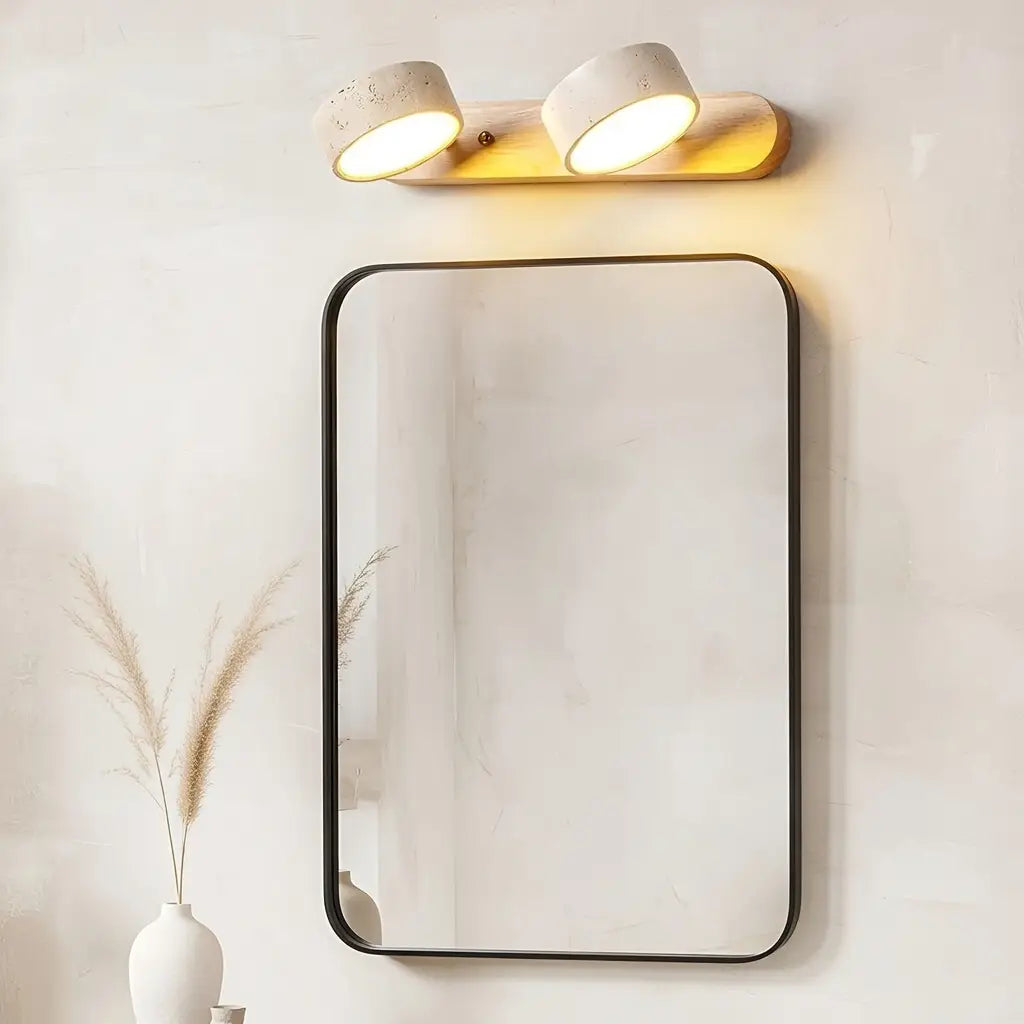 LED Bathroom Vanity Light Fixtures with Adjustable Travertine Spotlights and Natural Wood Backplate