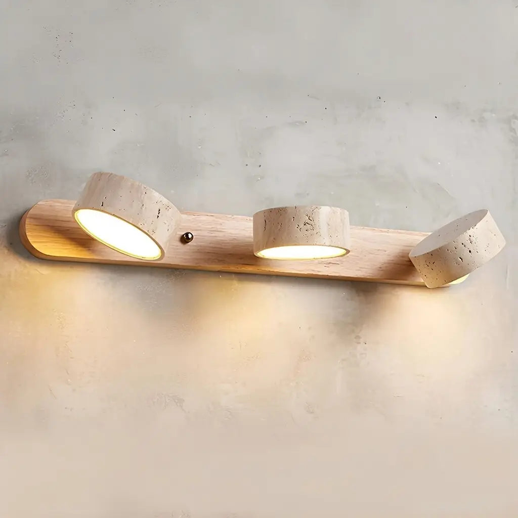 LED Bathroom Vanity Light Fixtures with Adjustable Travertine Spotlights and Natural Wood Backplate
