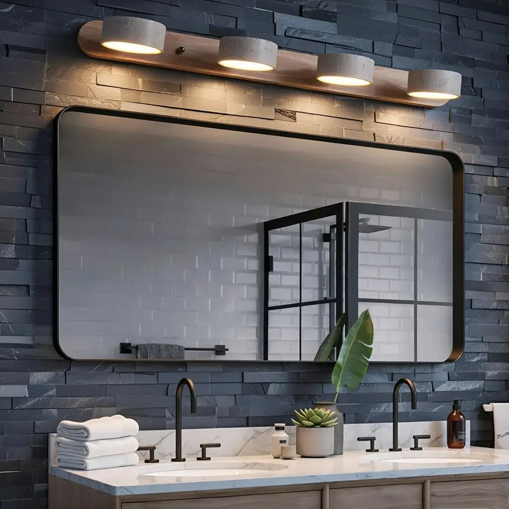 LED Bathroom Vanity Light Fixtures with Adjustable Travertine Spotlights and Natural Wood Backplate