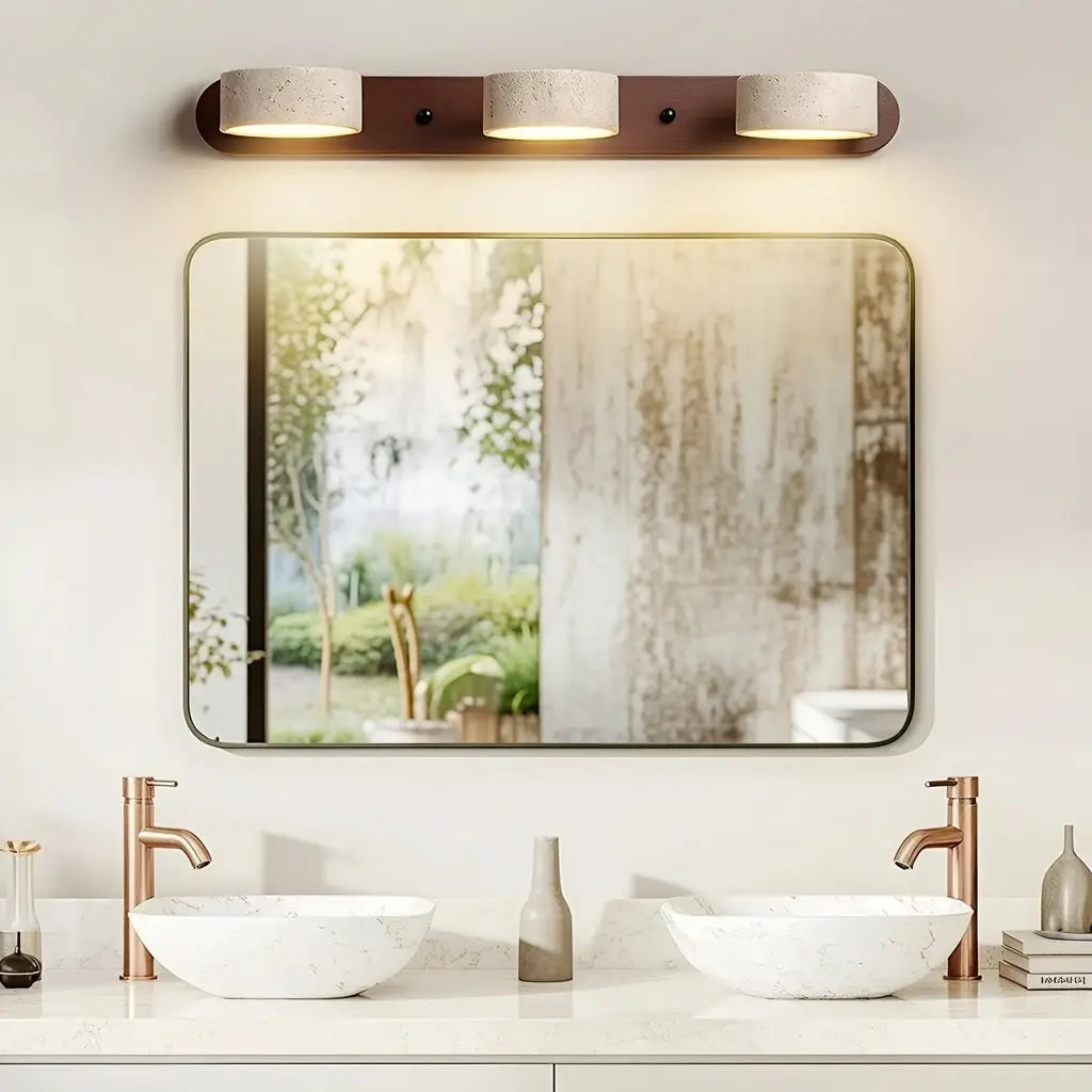 LED Bathroom Vanity Light Fixtures with Adjustable Travertine Spotlights and Natural Wood Backplate