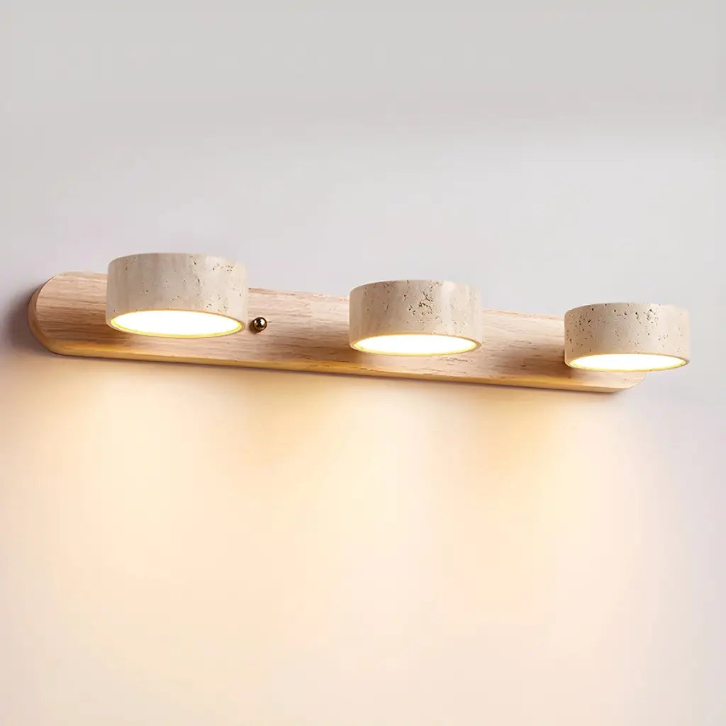 LED Bathroom Vanity Light Fixtures with Adjustable Travertine Spotlights and Natural Wood Backplate
