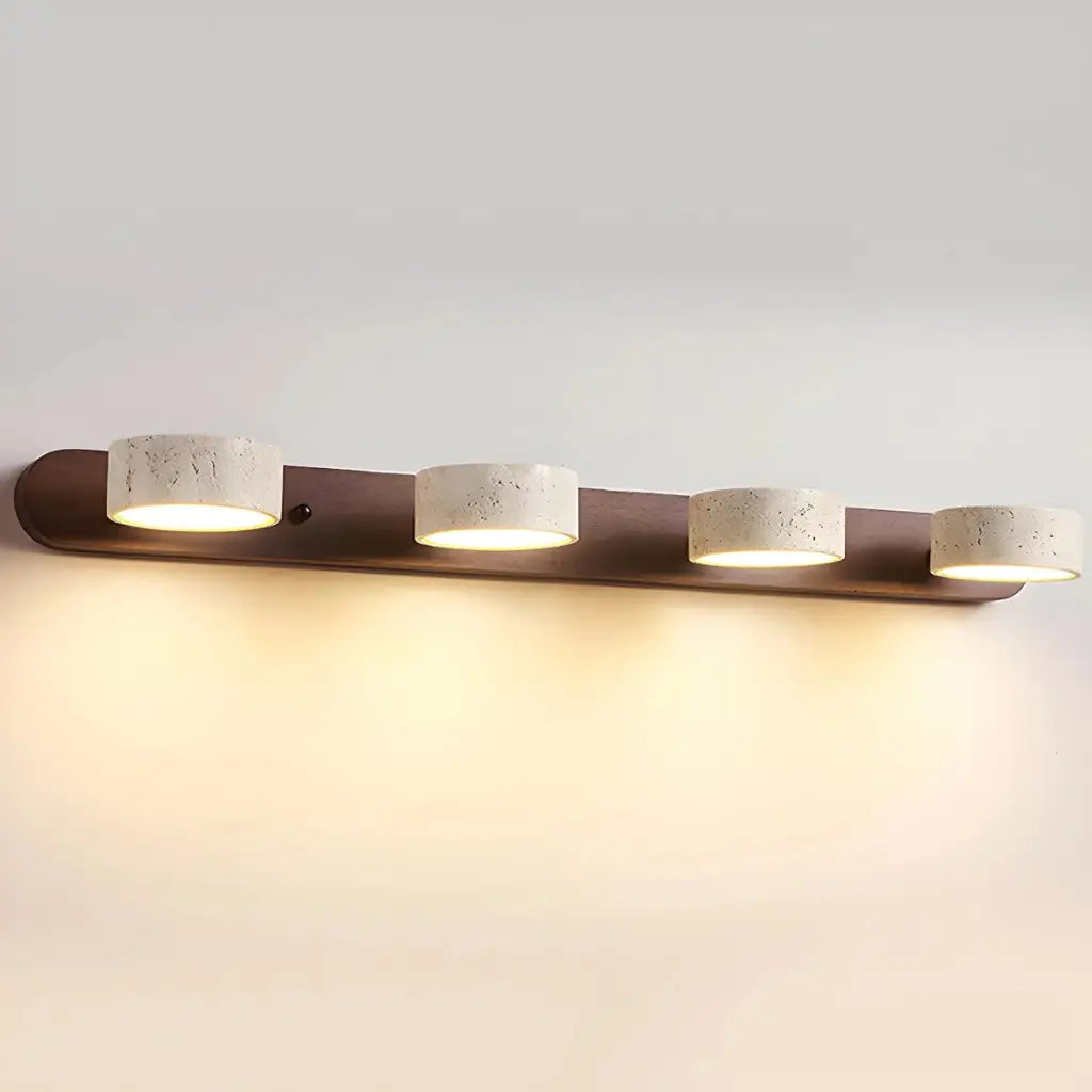 LED Bathroom Vanity Light Fixtures with Adjustable Travertine Spotlights and Natural Wood Backplate