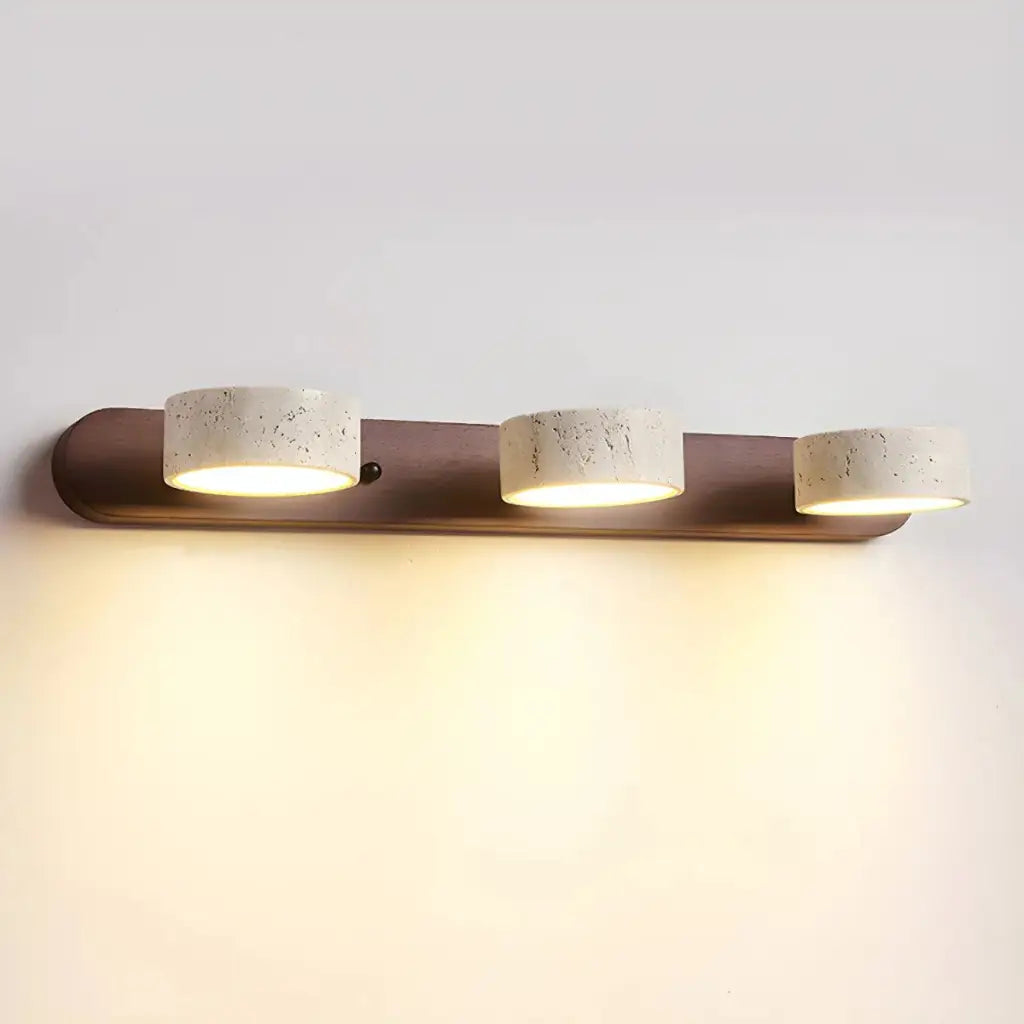 LED Bathroom Vanity Light Fixtures with Adjustable Travertine Spotlights and Natural Wood Backplate