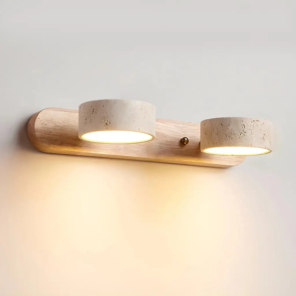 LED Bathroom Vanity Light Fixtures with Adjustable Travertine Spotlights and Natural Wood Backplate