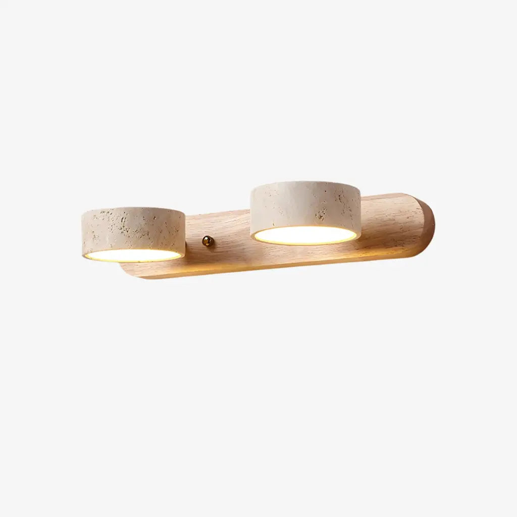 LED Bathroom Vanity Light Fixtures with Adjustable Travertine Spotlights and Natural Wood Backplate