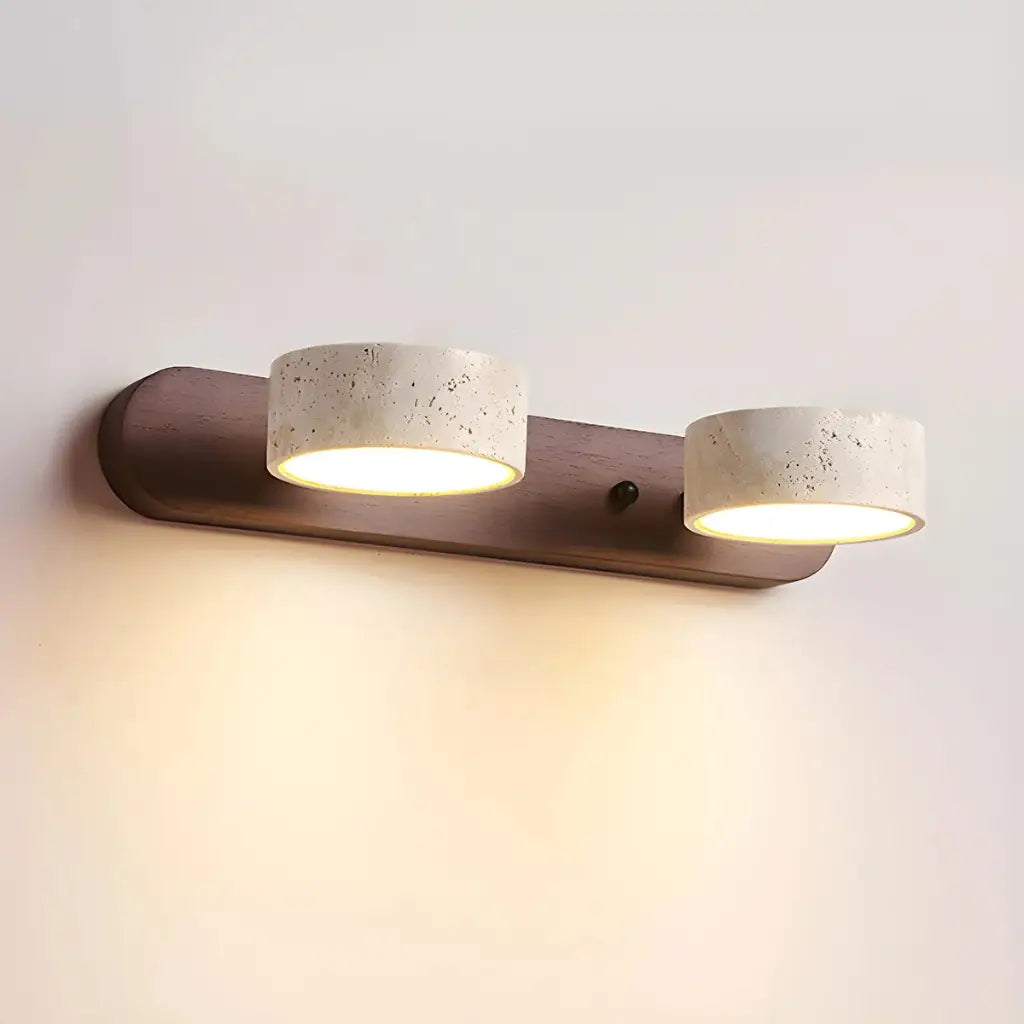 LED Bathroom Vanity Light Fixtures with Adjustable Travertine Spotlights and Natural Wood Backplate