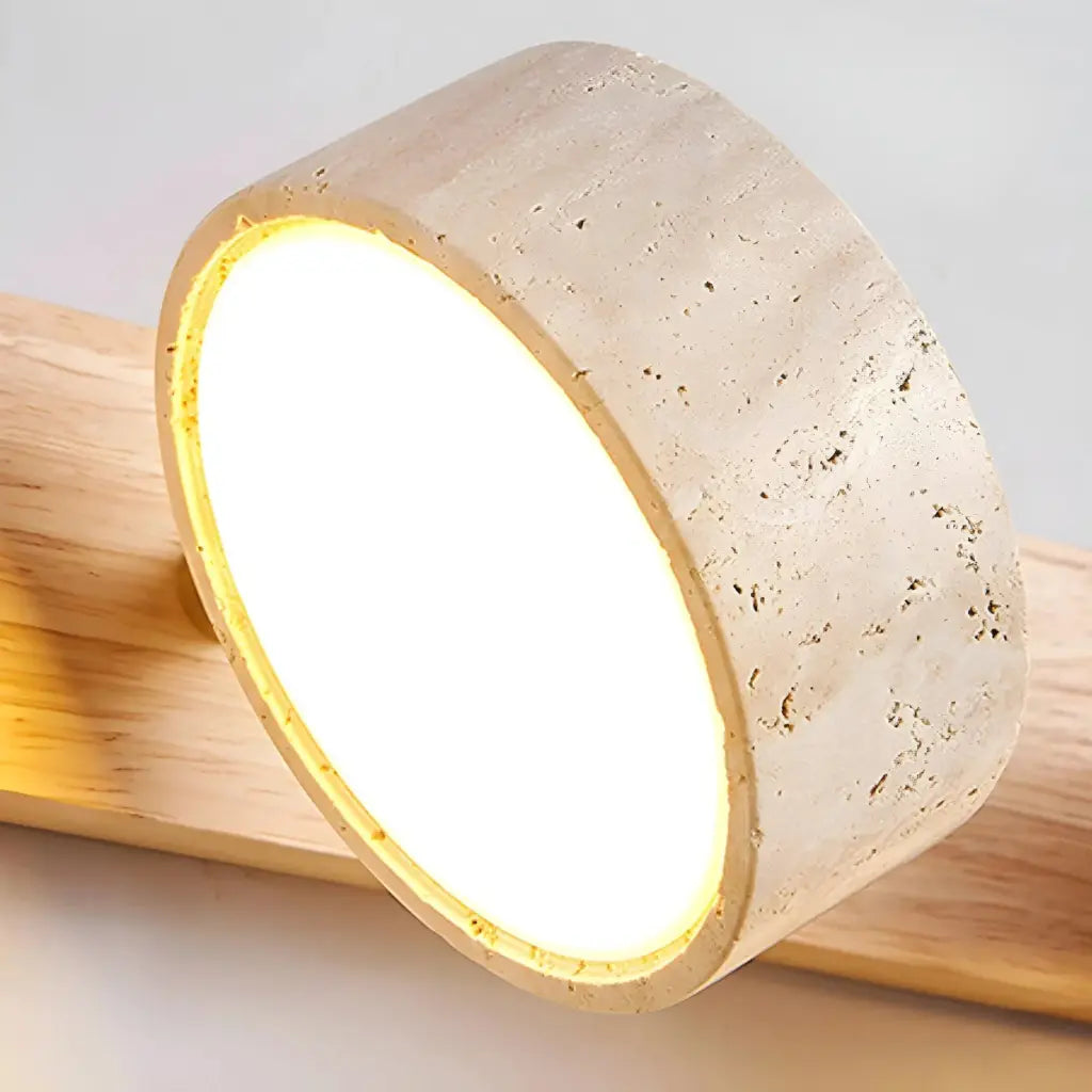 LED Bathroom Vanity Light Fixtures with Adjustable Travertine Spotlights and Natural Wood Backplate