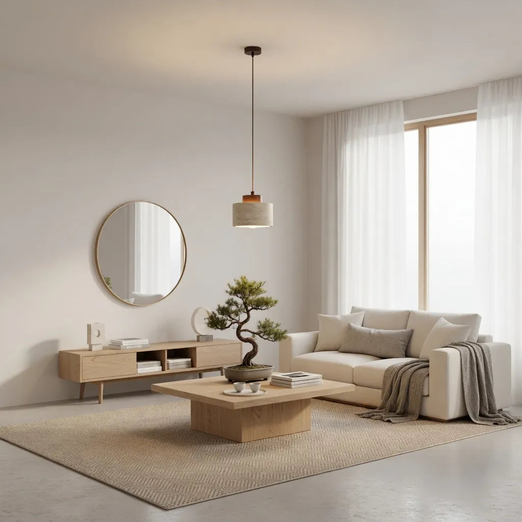 Pendant Light with Travertine Stone and Accent Adjustable Hanging Height