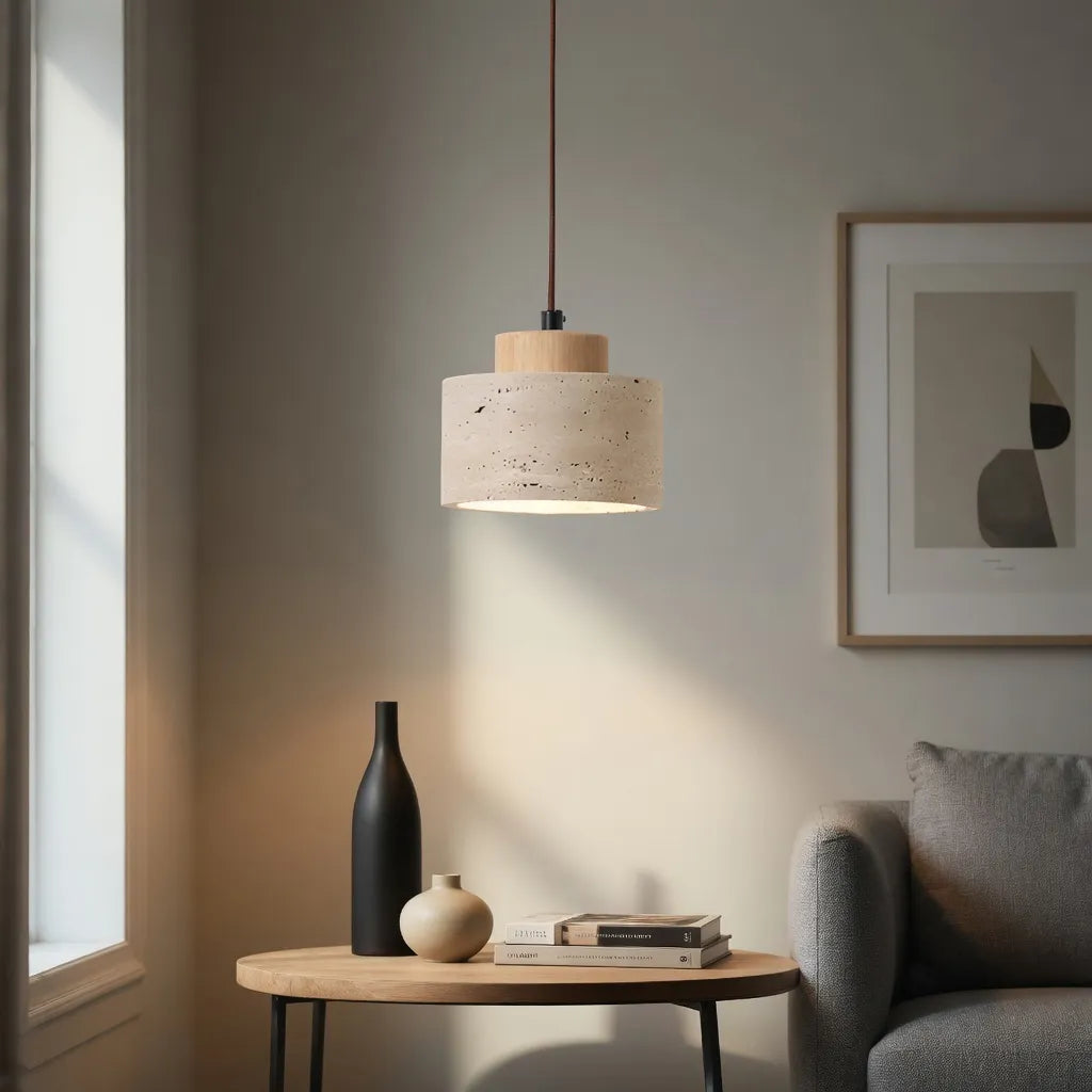 Pendant Light with Travertine Stone and Accent Adjustable Hanging Height