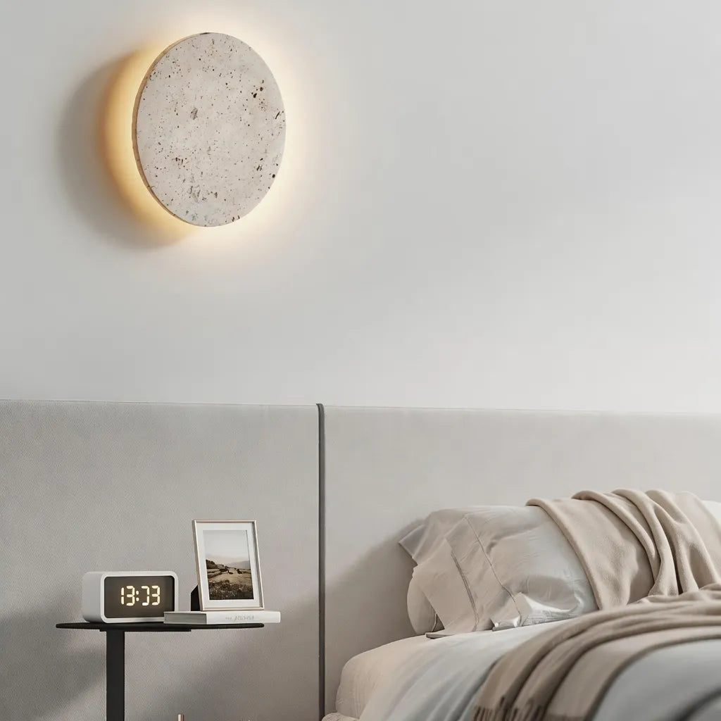 Lounge Wall Lights with LED Backlit Travertine Disc and Modern Halo Effect