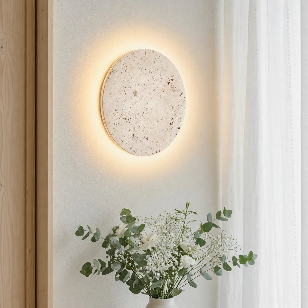 Appliques murales pour salon avec disque de travertin rétroéclairé par LED et effet halo moderne