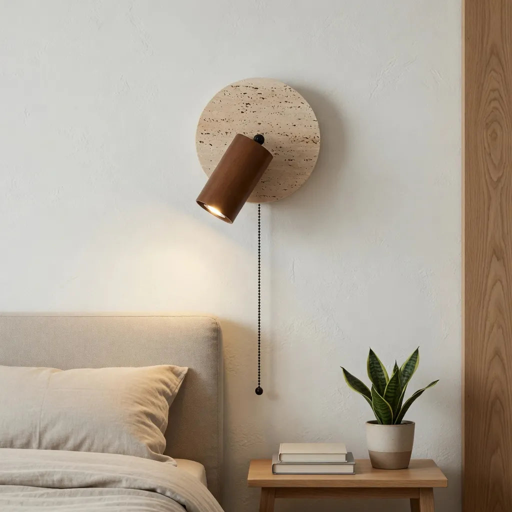 Wall Sconce Lamp with Adjustable Travertine and Wood Accent Modern Lighting