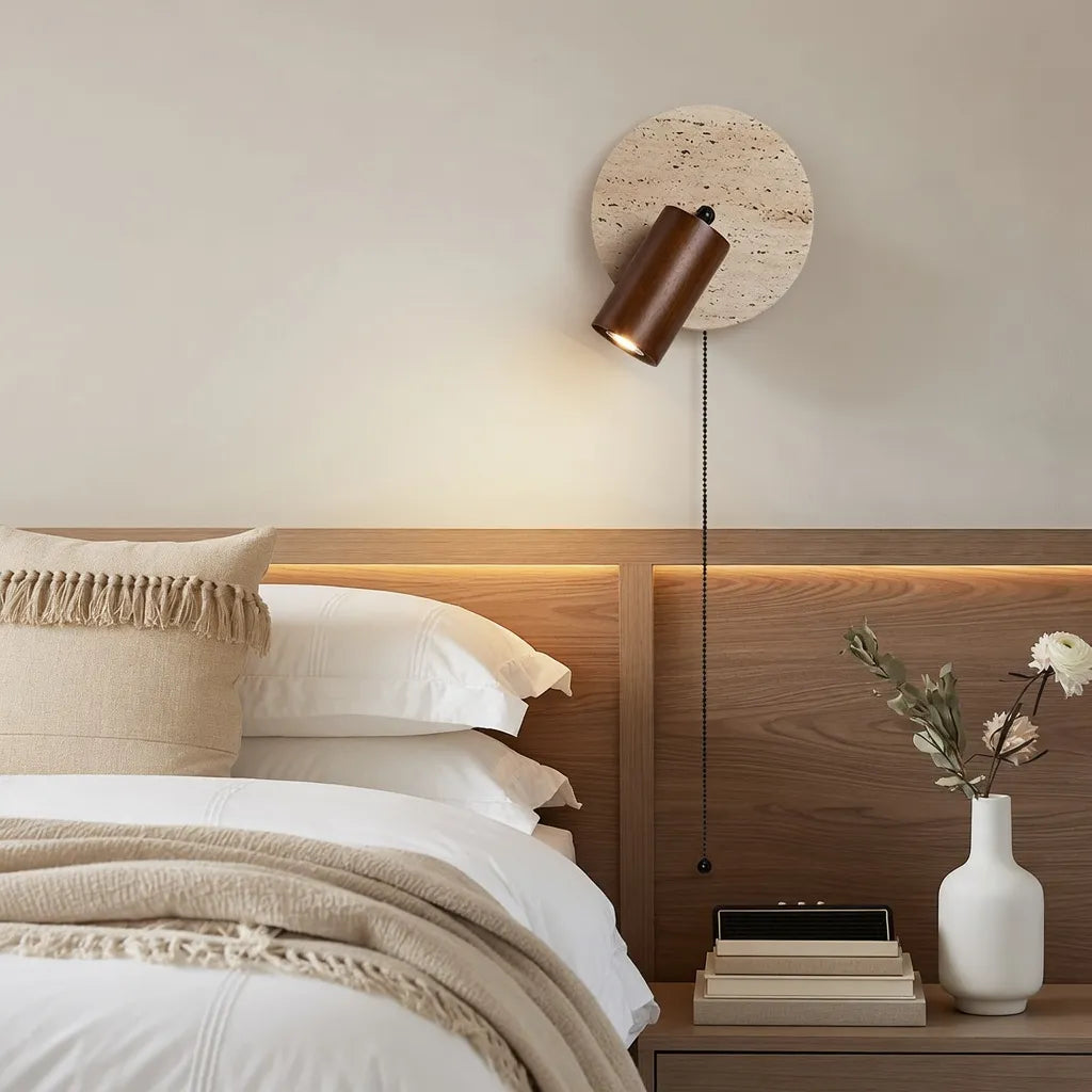 Wall Sconce Lamp with Adjustable Travertine and Wood Accent Modern Lighting