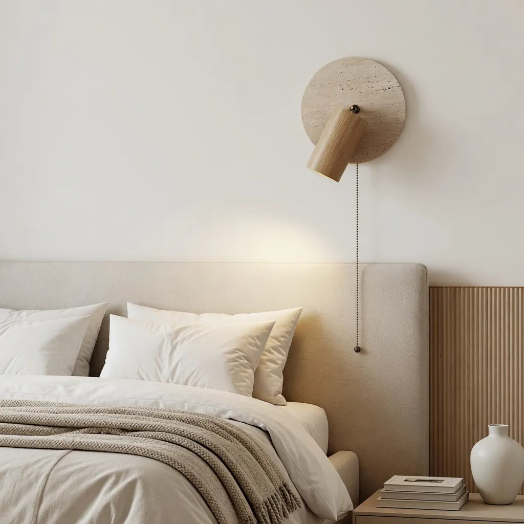 Wall Sconce Lamp with Adjustable Travertine and Wood Accent Modern Lighting