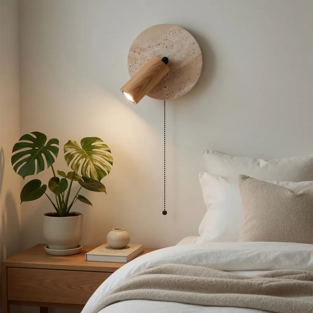Wall Sconce Lamp with Adjustable Travertine and Wood Accent Modern Lighting