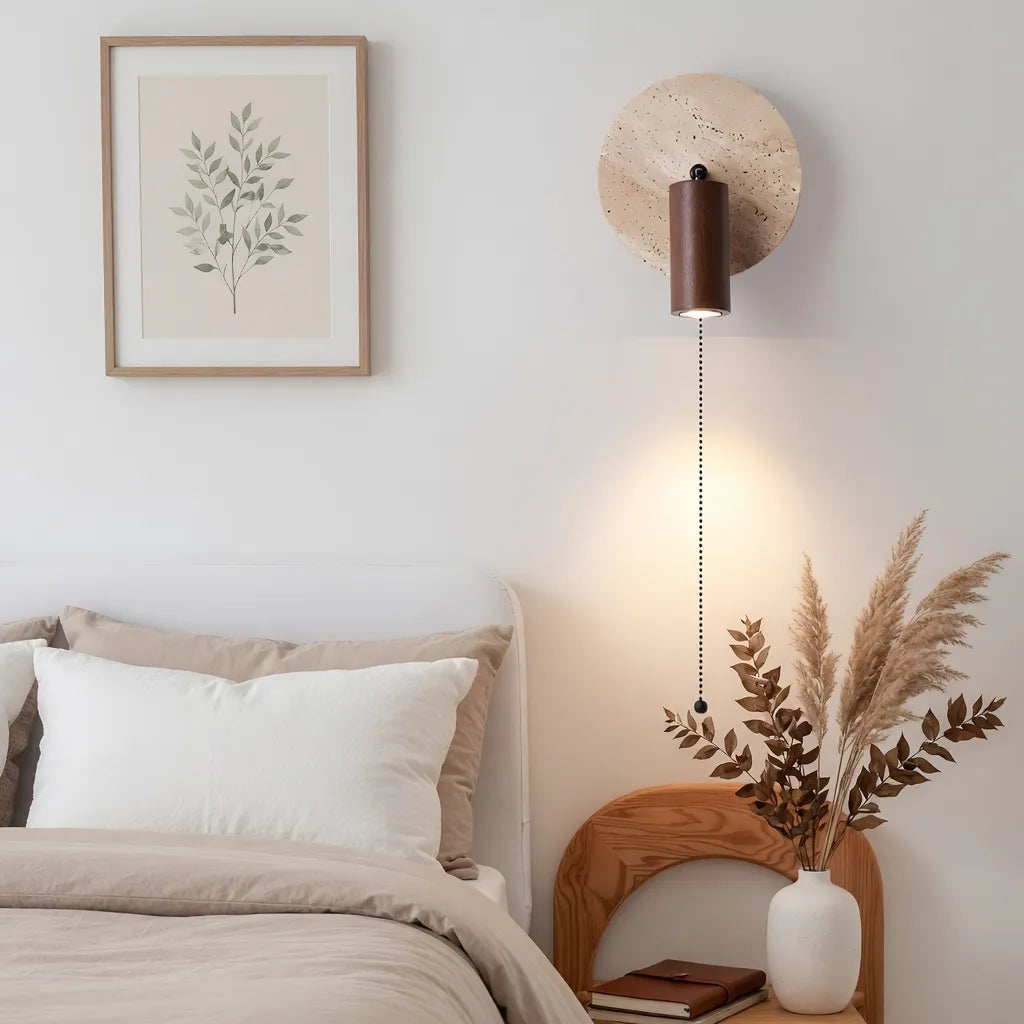 Wall Sconce Lamp with Adjustable Travertine and Wood Accent Modern Lighting