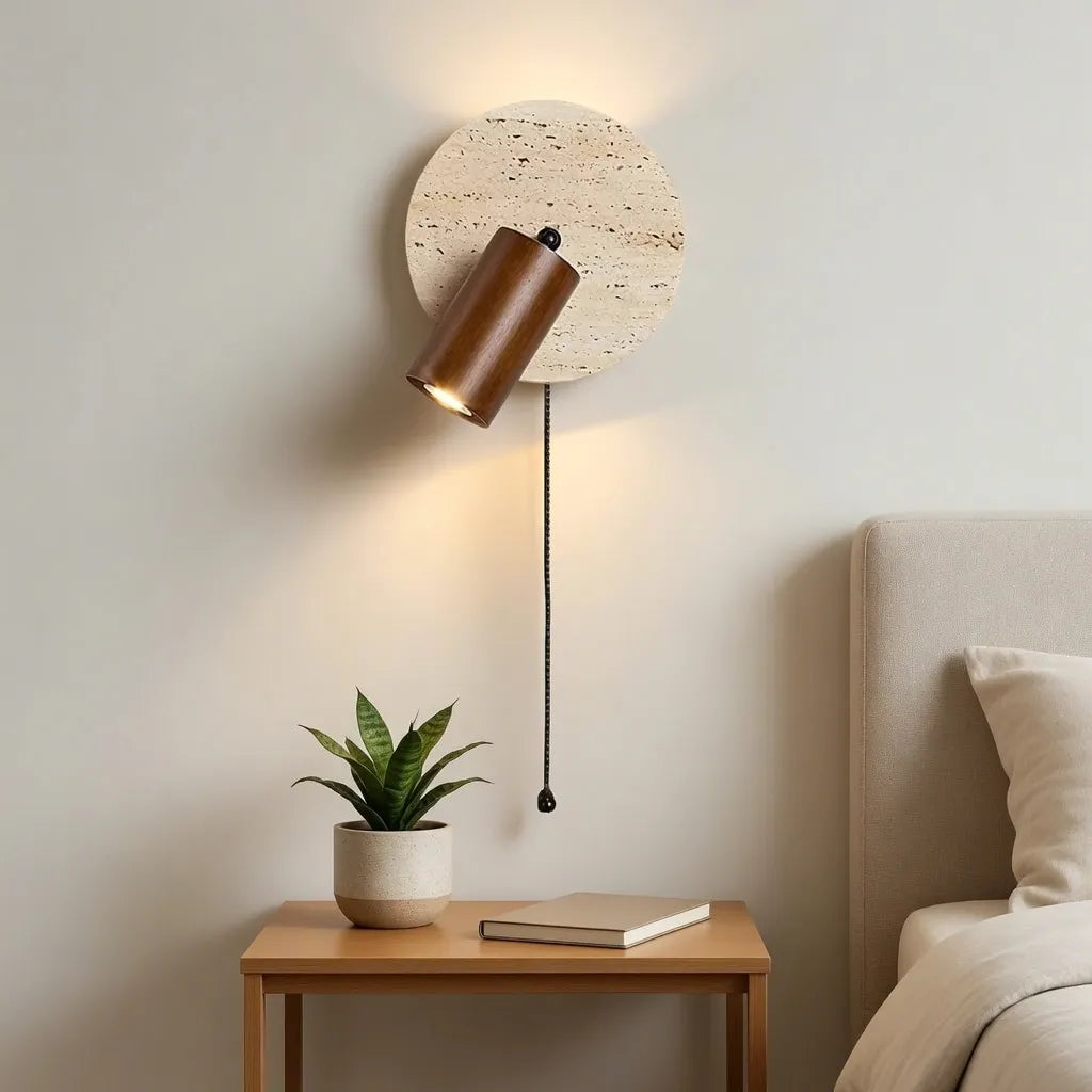 Wall Sconce Lamp with Adjustable Travertine and Wood Accent Modern Lighting