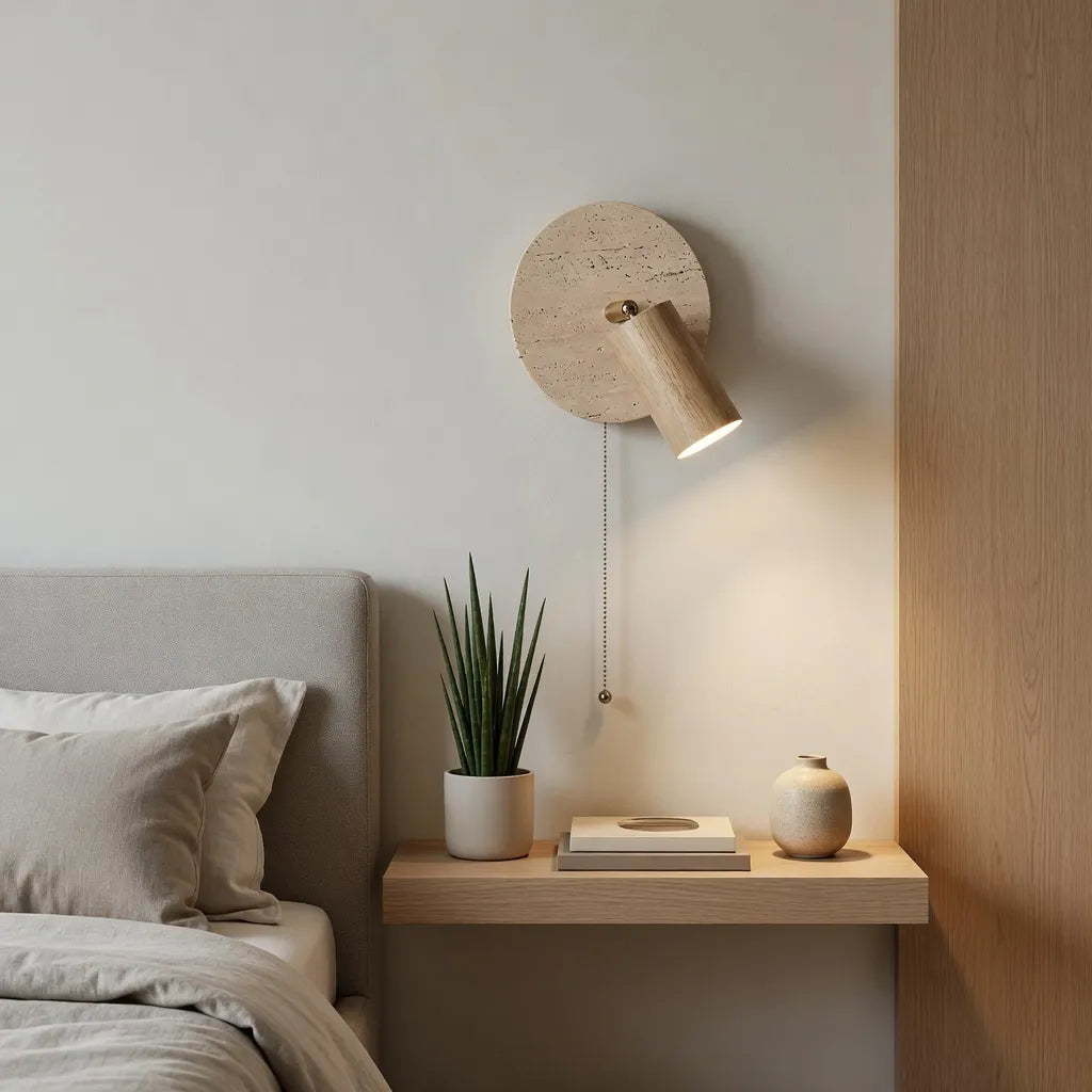Wandleuchte mit verstellbarem Travertin und Holzakzent, modernes Lichtdesign