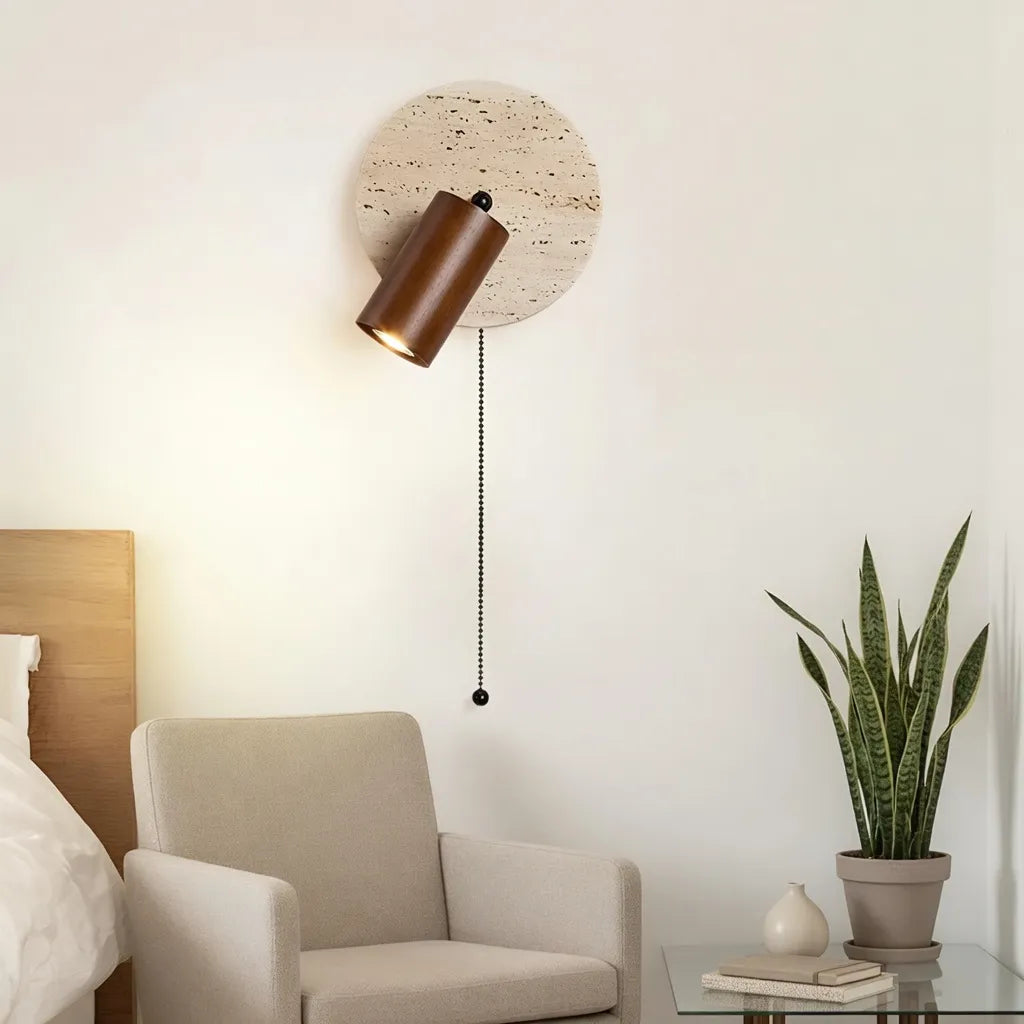 Wall Sconce Lamp with Adjustable Travertine and Wood Accent Modern Lighting