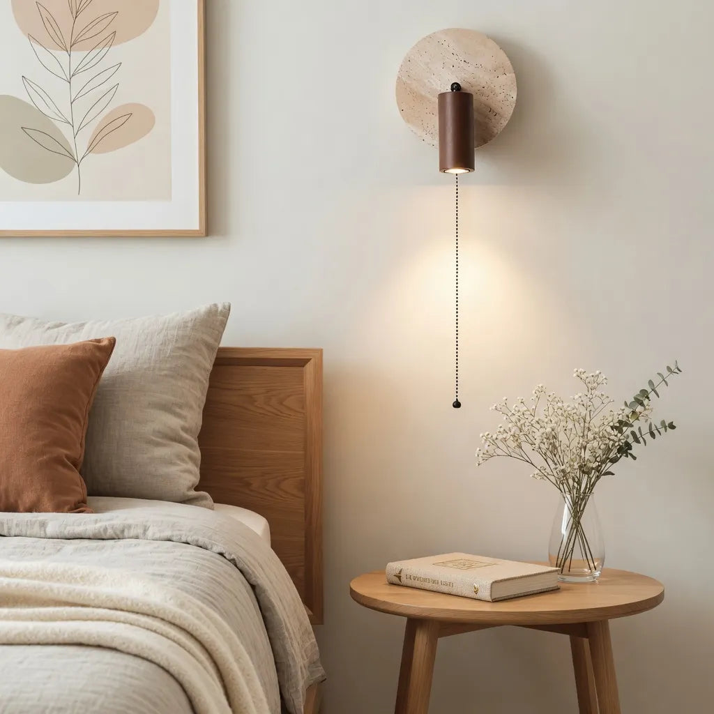 Wall Sconce Lamp with Adjustable Travertine and Wood Accent Modern Lighting