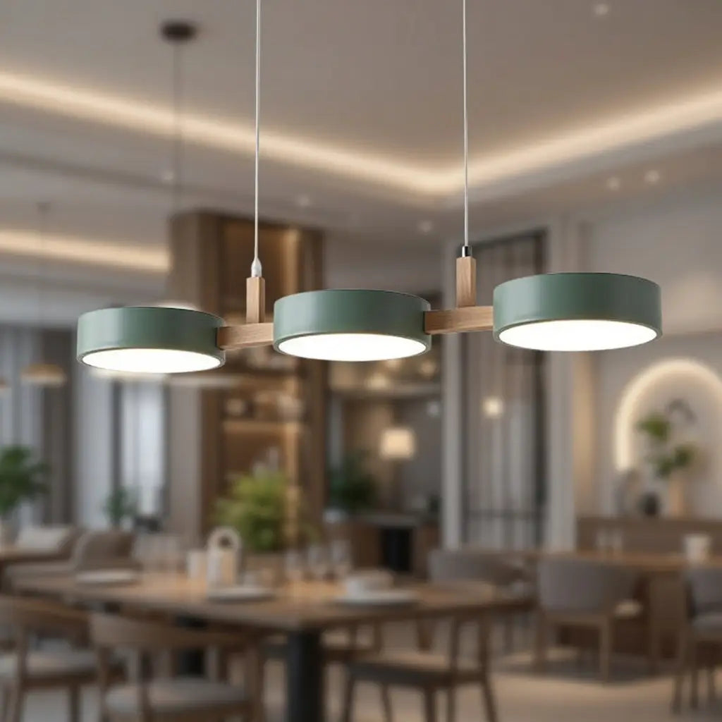 Linear Pendant Light with Wood Beam and Metal Drum Shades for Dining Room Kitchen Island