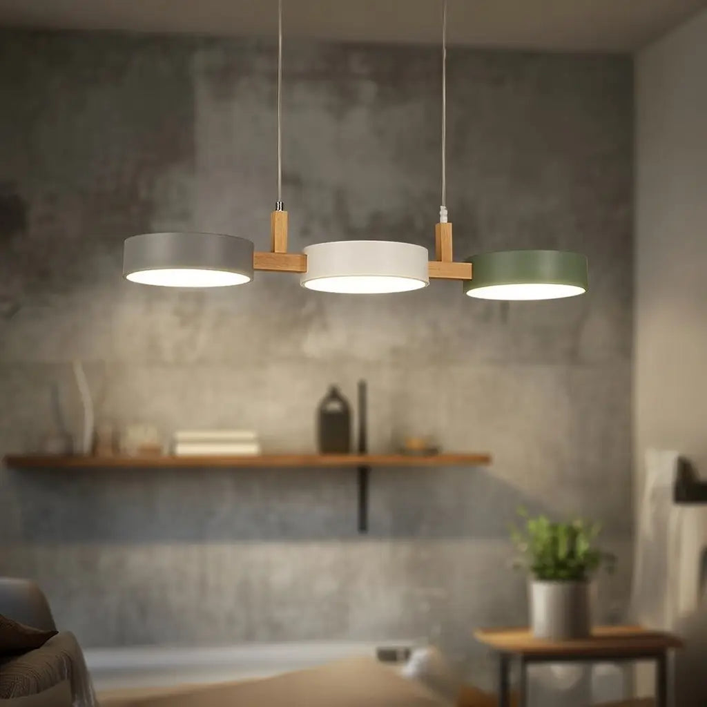 Linear Pendant Light with Wood Beam and Metal Drum Shades for Dining Room Kitchen Island
