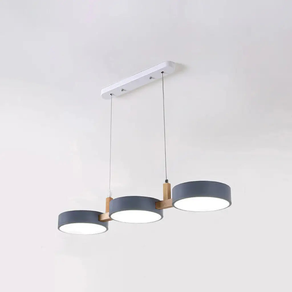 Linear Pendant Light with Wood Beam and Metal Drum Shades for Dining Room Kitchen Island
