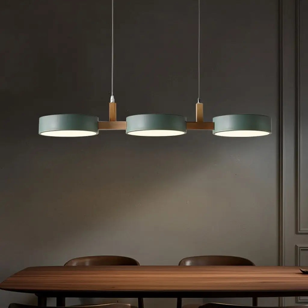 Linear Pendant Light with Wood Beam and Metal Drum Shades for Dining Room Kitchen Island