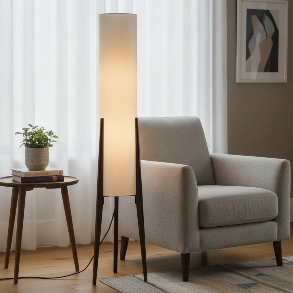 Stehlampe fürs Wohnzimmer mit modernem Holzstativ und Stoffschirm
