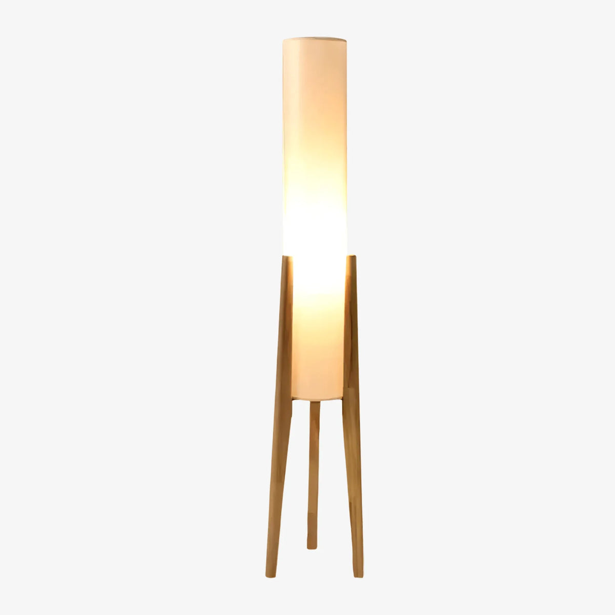 Stehlampe fürs Wohnzimmer mit modernem Holzstativ und Stoffschirm