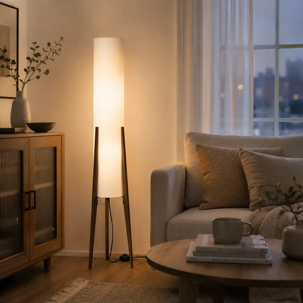 Stehlampe fürs Wohnzimmer mit modernem Holzstativ und Stoffschirm