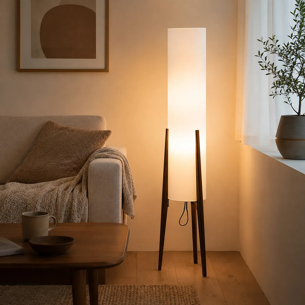 Stehlampe fürs Wohnzimmer mit modernem Holzstativ und Stoffschirm