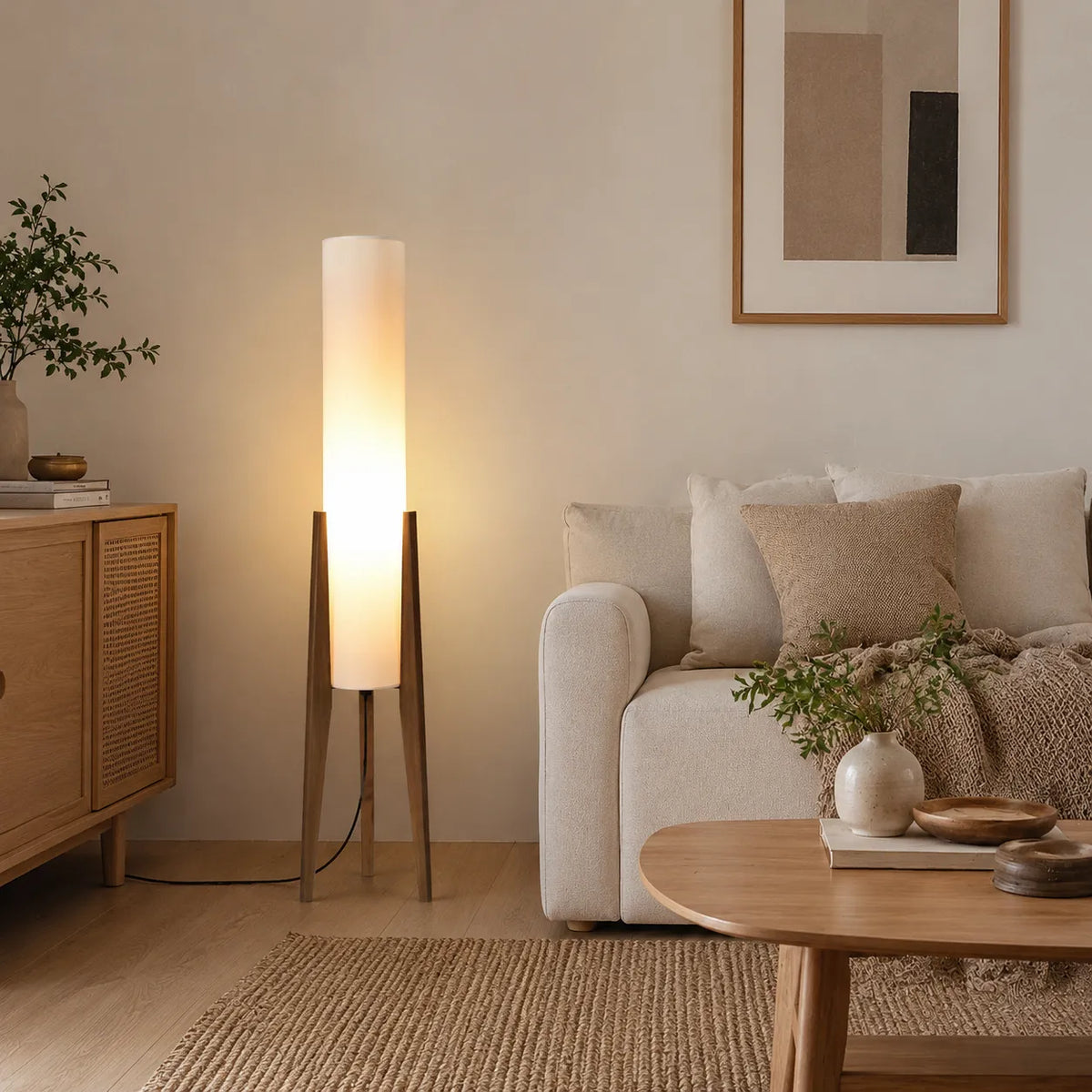 Stehlampe fürs Wohnzimmer mit modernem Holzstativ und Stoffschirm