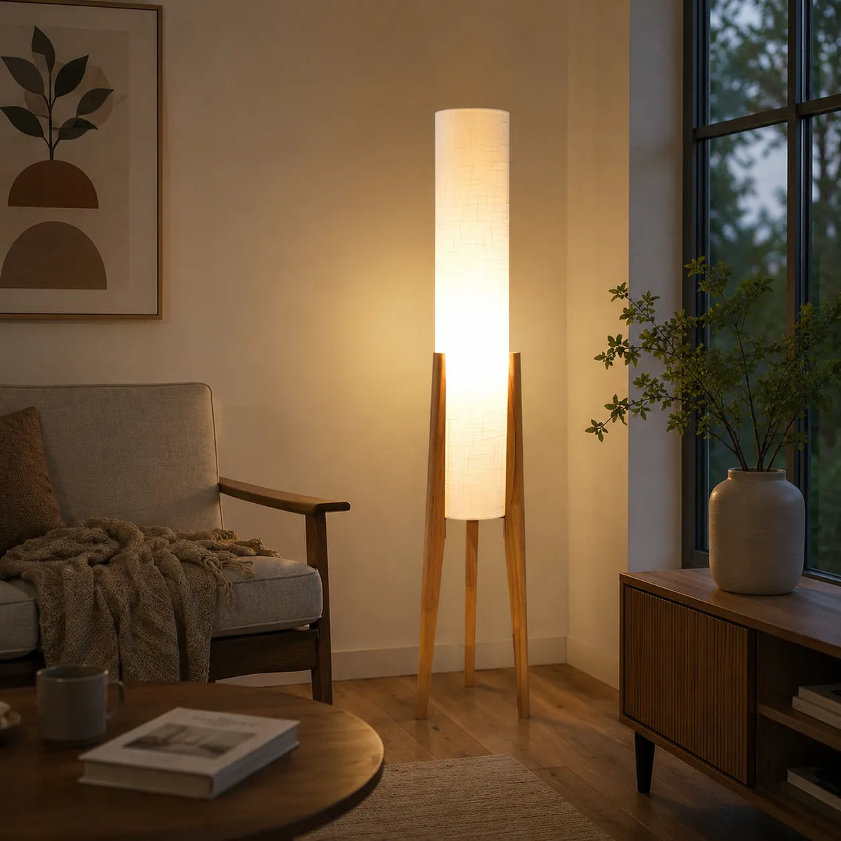 Stehlampe fürs Wohnzimmer mit modernem Holzstativ und Stoffschirm