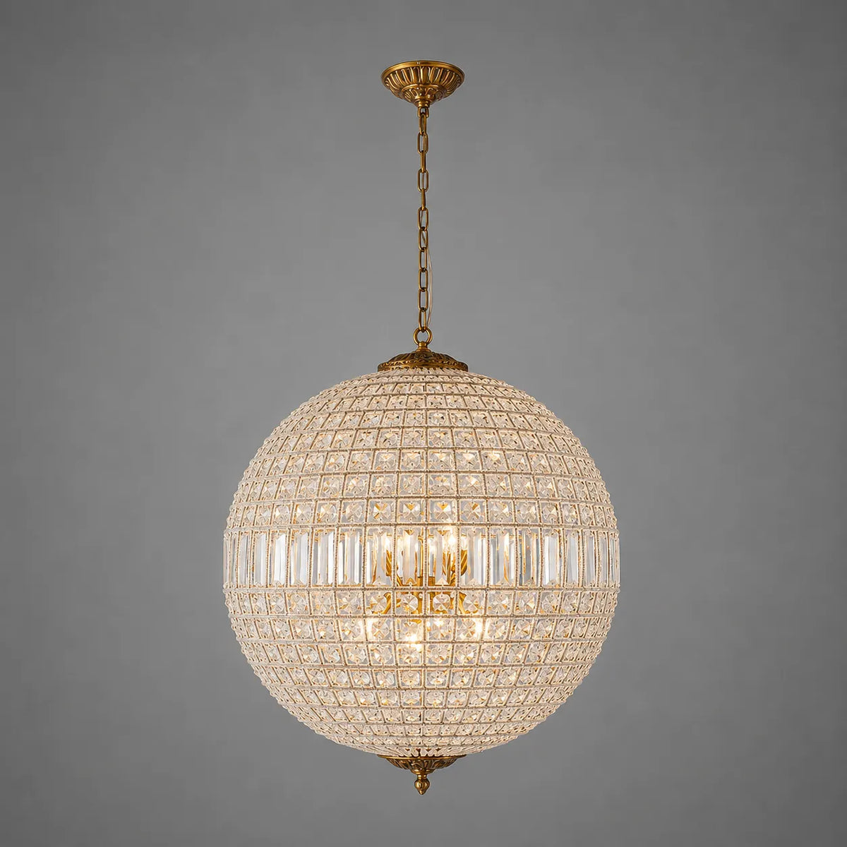 Crystal Globe Chandelier with Faceted Vintage Brass Frame and Clear Prisms