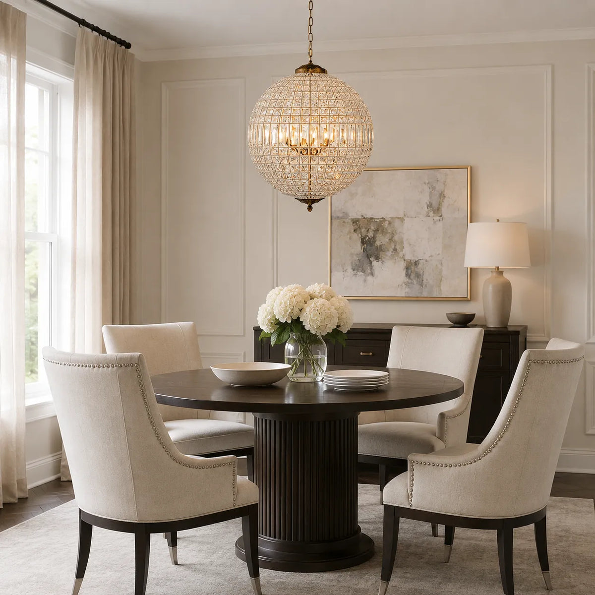 Crystal Globe Chandelier with Faceted Vintage Brass Frame and Clear Prisms