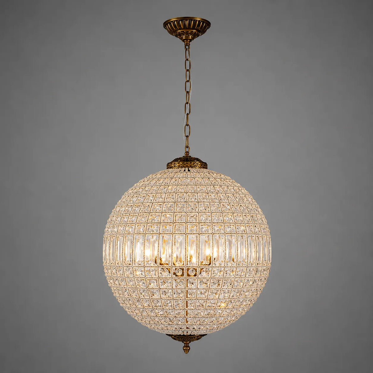 Crystal Globe Chandelier with Faceted Vintage Brass Frame and Clear Prisms