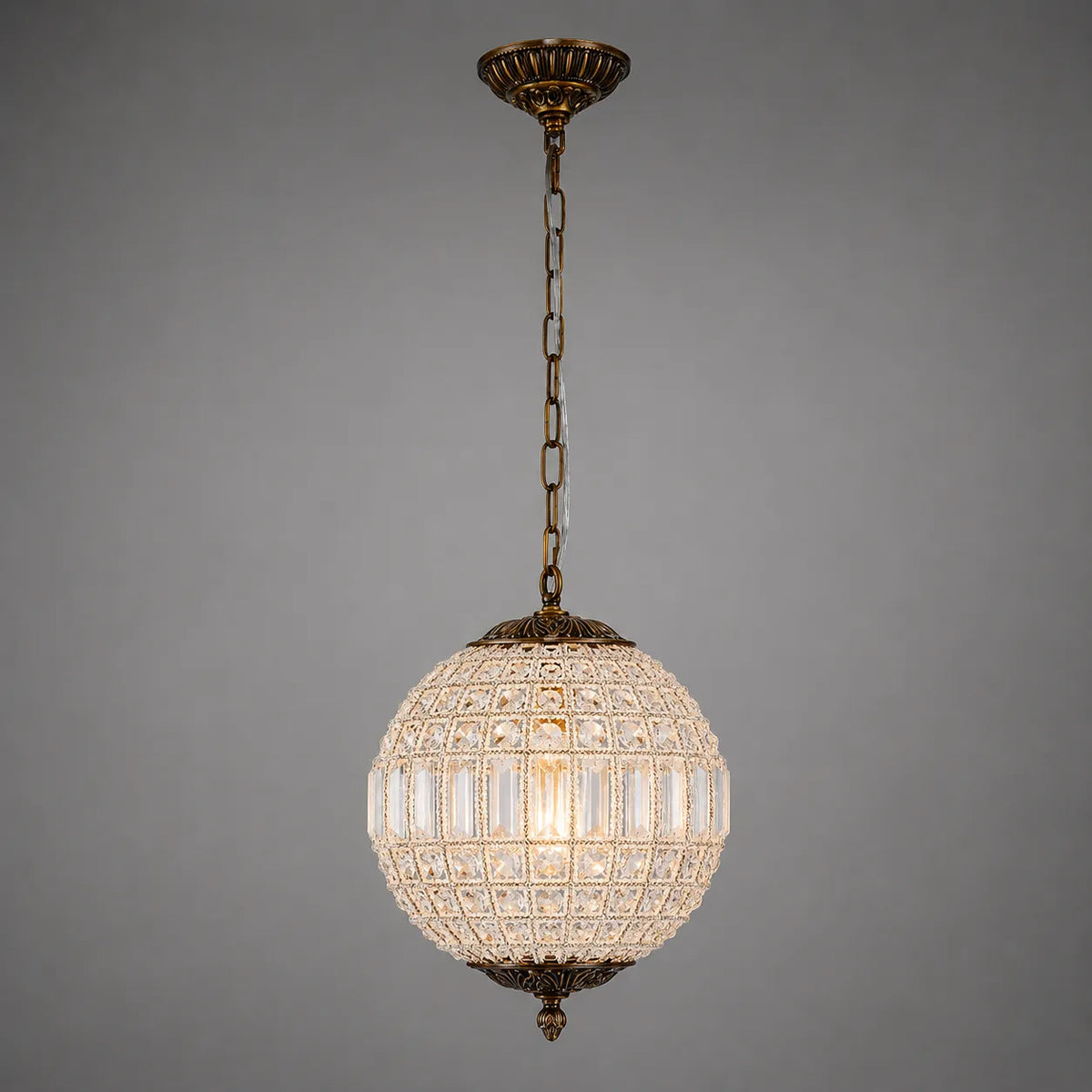 Crystal Globe Chandelier with Faceted Vintage Brass Frame and Clear Prisms