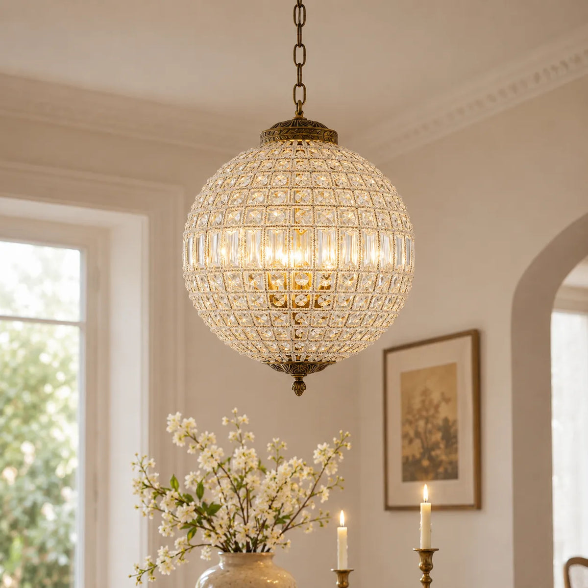 Crystal Globe Chandelier with Faceted Vintage Brass Frame and Clear Prisms