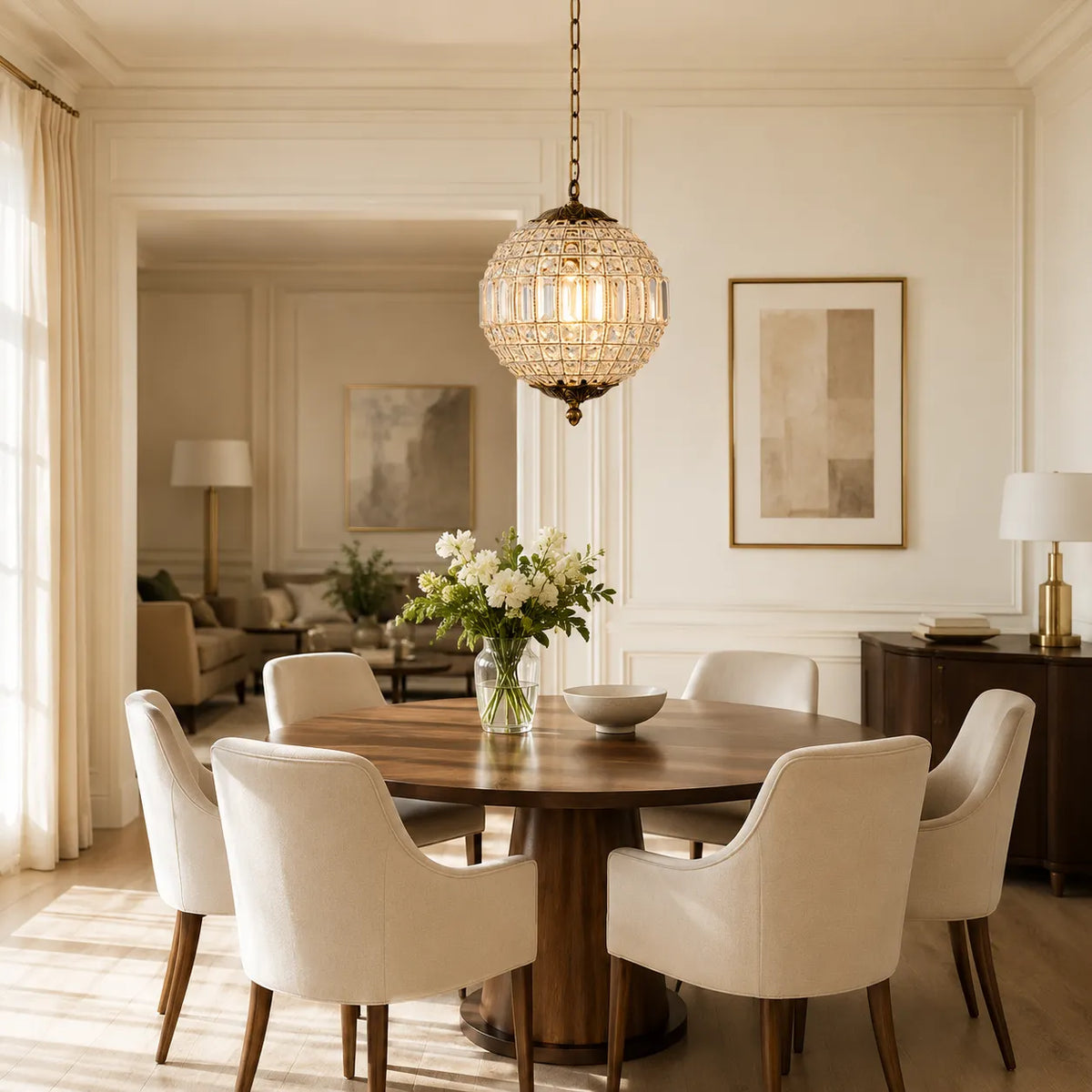 Crystal Globe Chandelier with Faceted Vintage Brass Frame and Clear Prisms