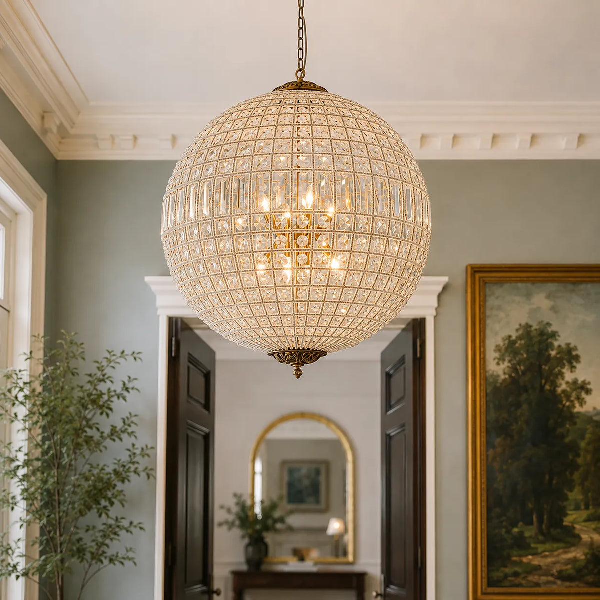 Crystal Globe Chandelier with Faceted Vintage Brass Frame and Clear Prisms