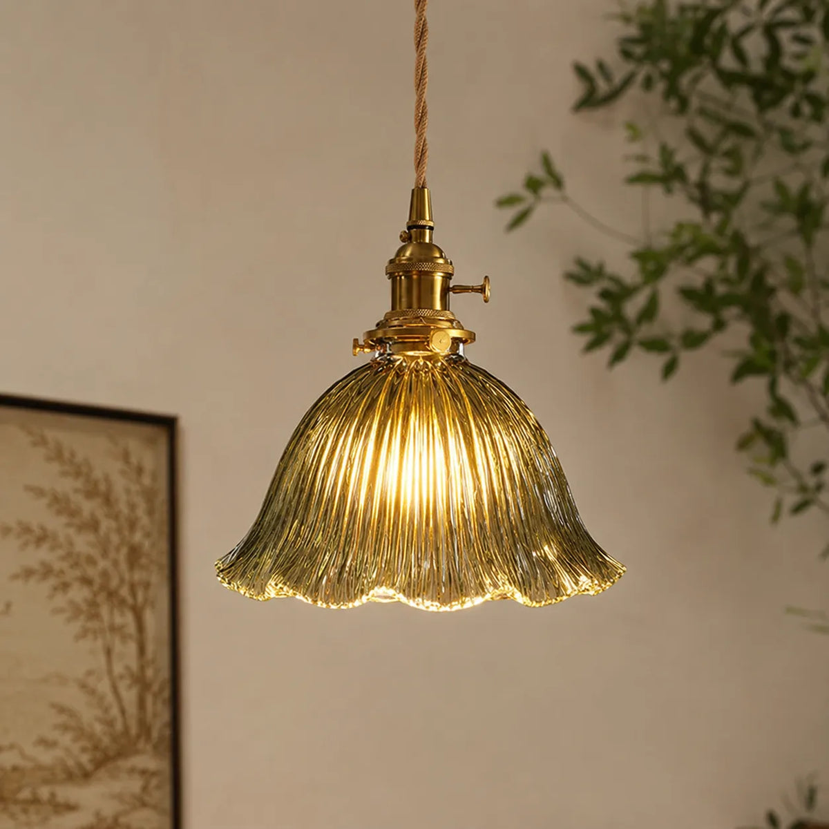 Runa Vintage Ribbed Glass Flower Pendant Light