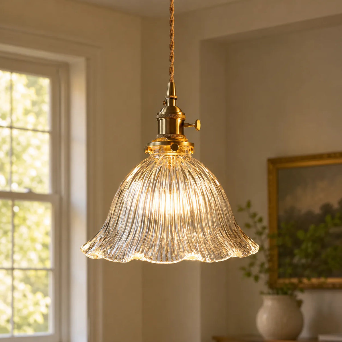 Runa Vintage Ribbed Glass Flower Pendant Light