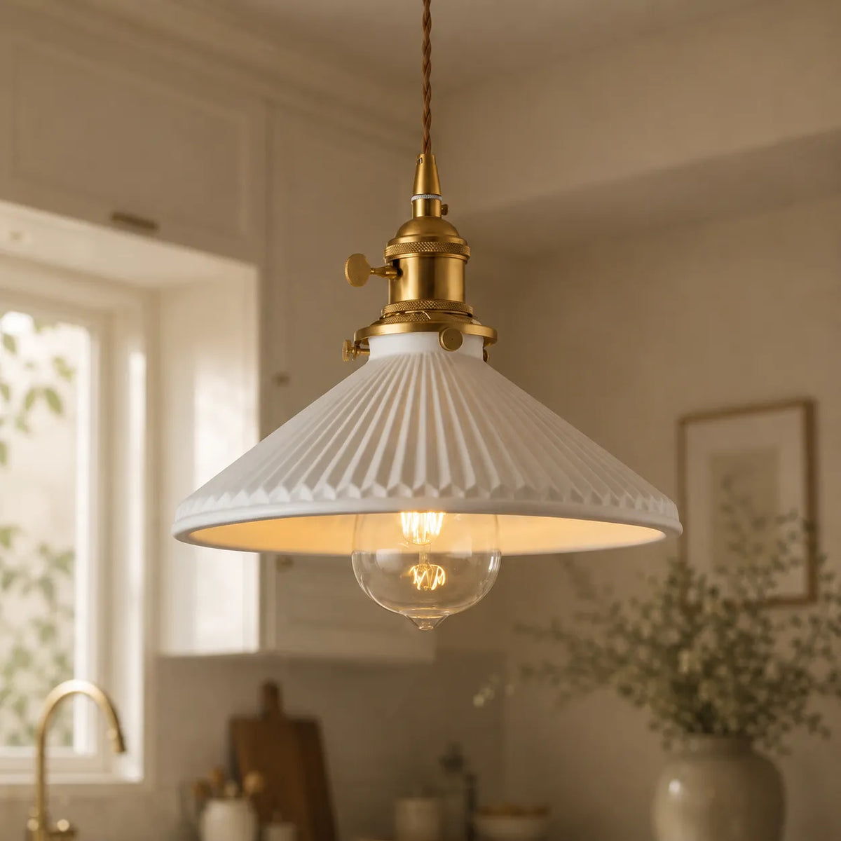 Pendant Light with Pleated Ceramic Cone Shade and Brass Accents for Kitchen Island