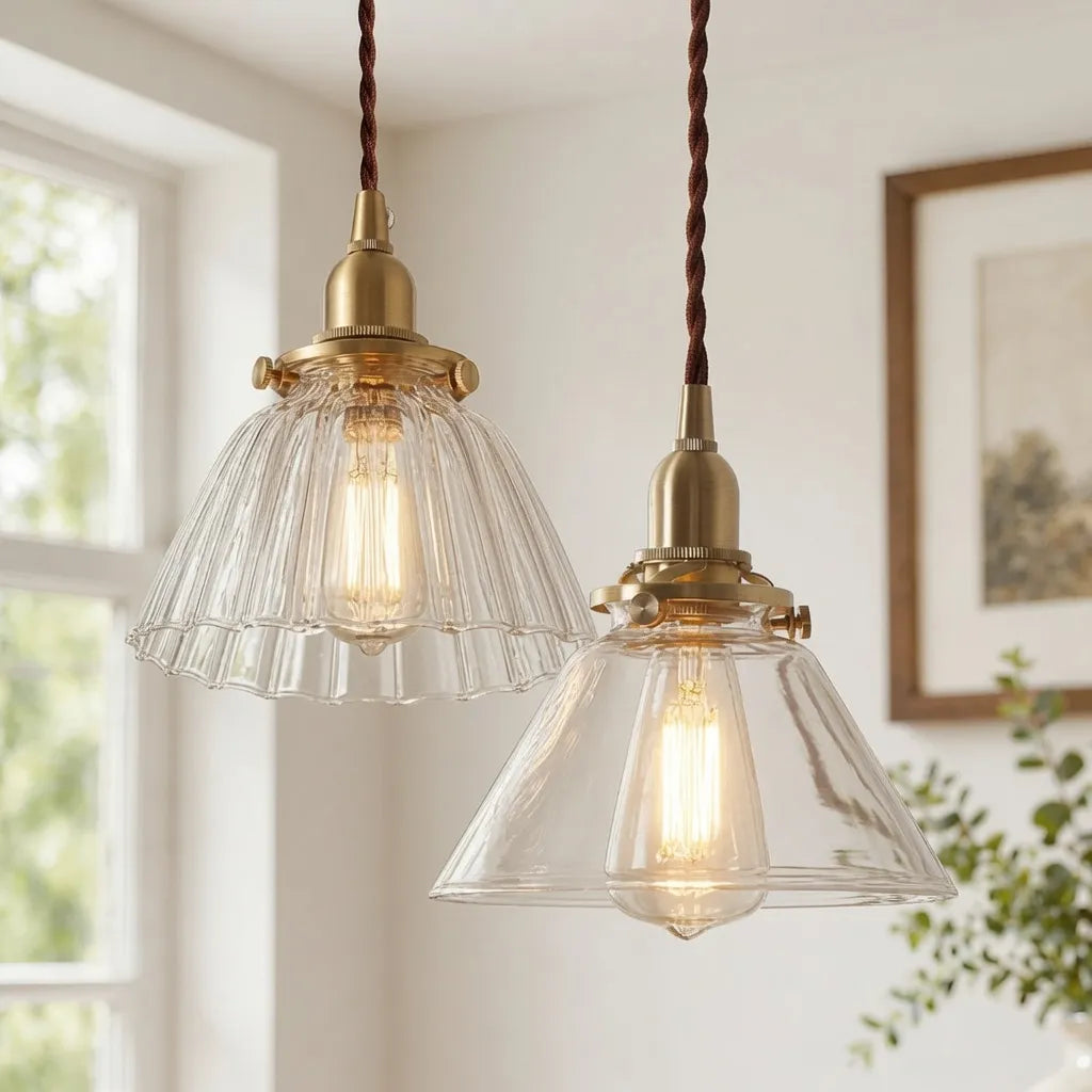 Pendant Light with Vintage Cone Shade and Pleated Glass Texture