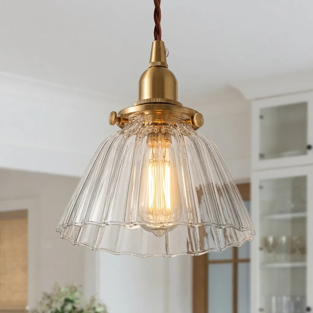 Pendant Light with Vintage Cone Shade and Pleated Glass Texture