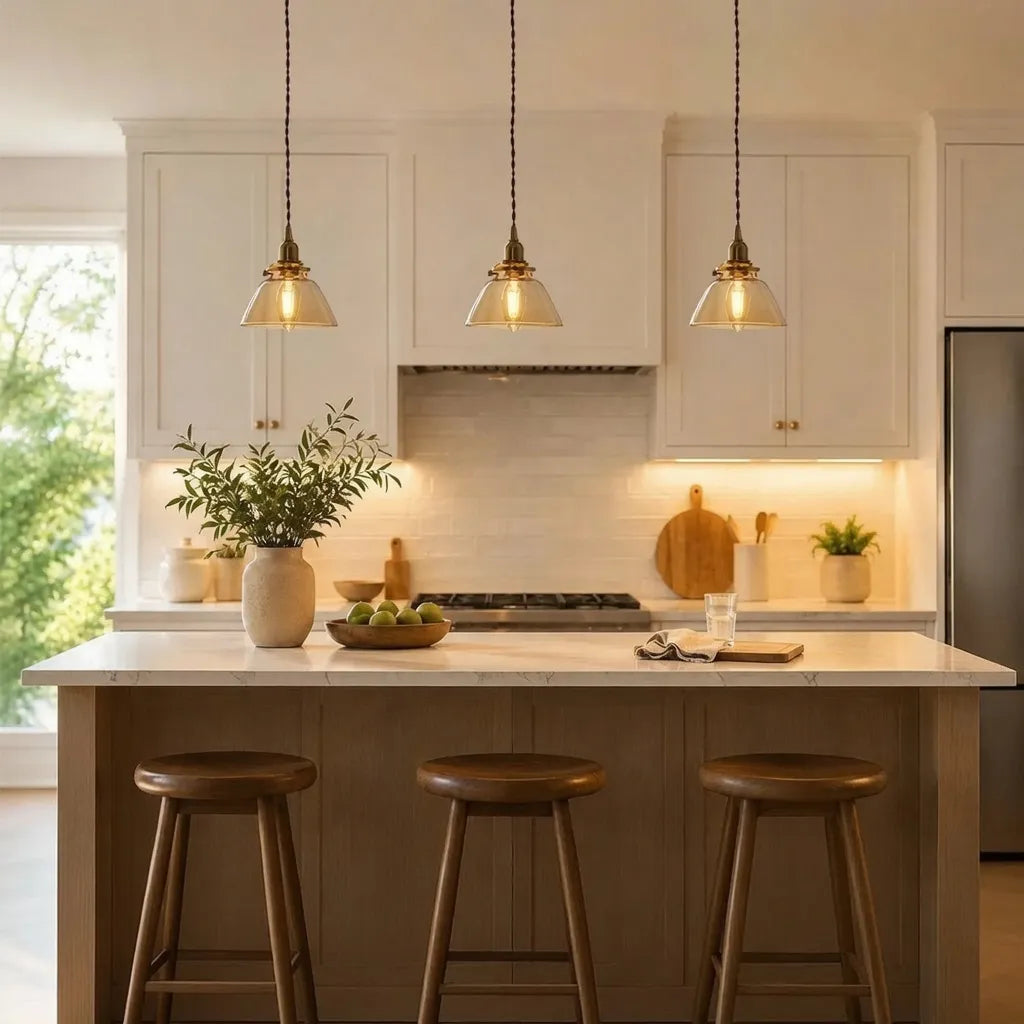 Pendant Light with Vintage Cone Shade and Pleated Glass Texture