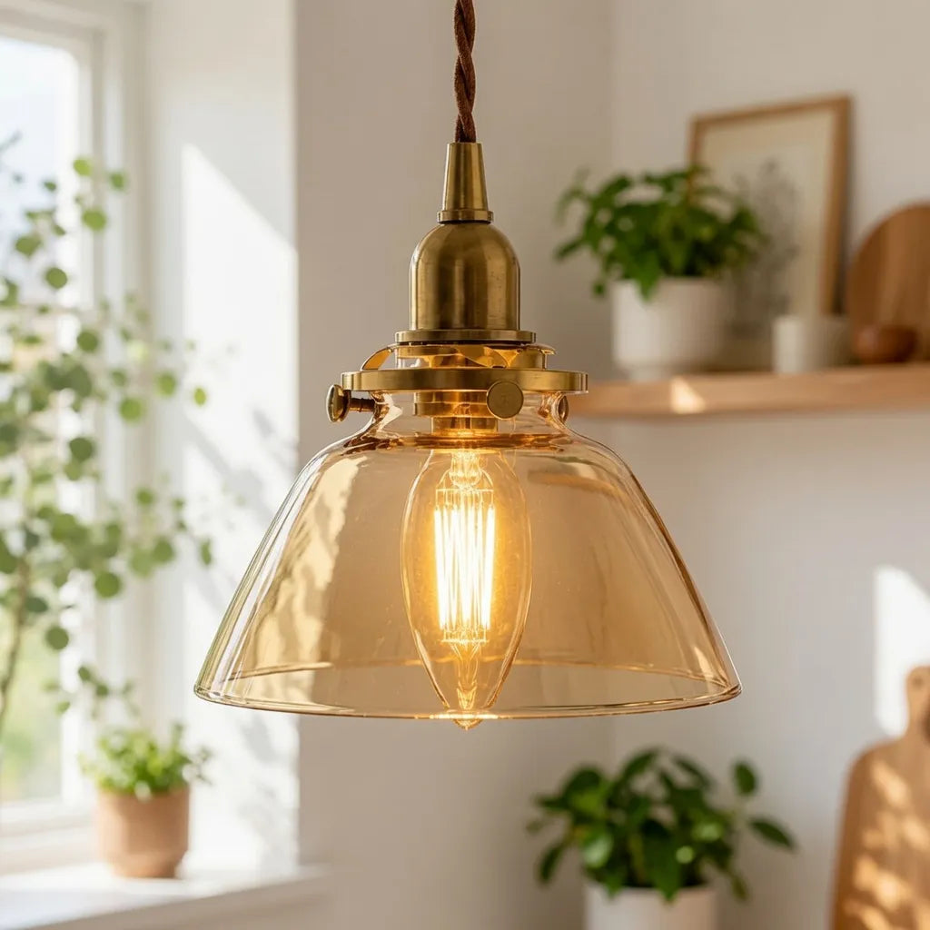 Pendant Light with Vintage Cone Shade and Pleated Glass Texture